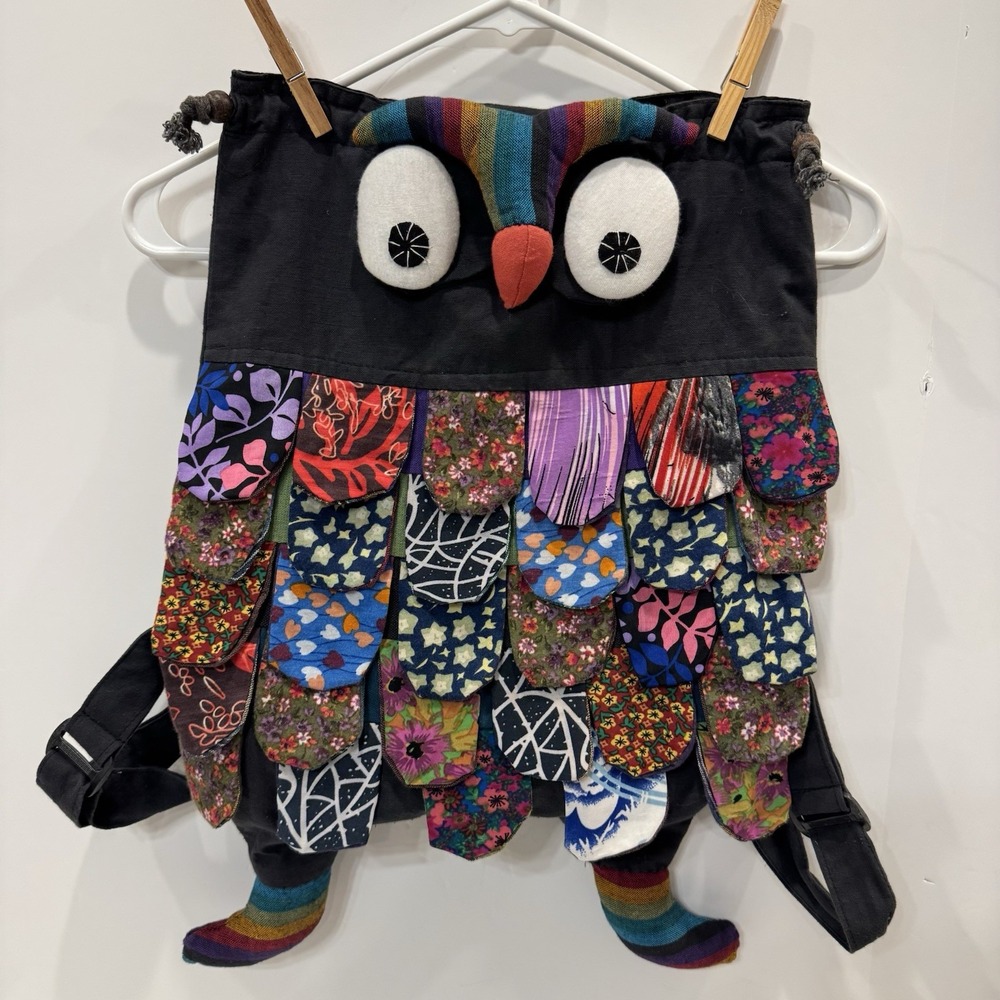 Owl Backpack/ Bag/ Purse-Child 14"x15" Drawstring The Collection Royal Patchwork - Picture 2 of 16